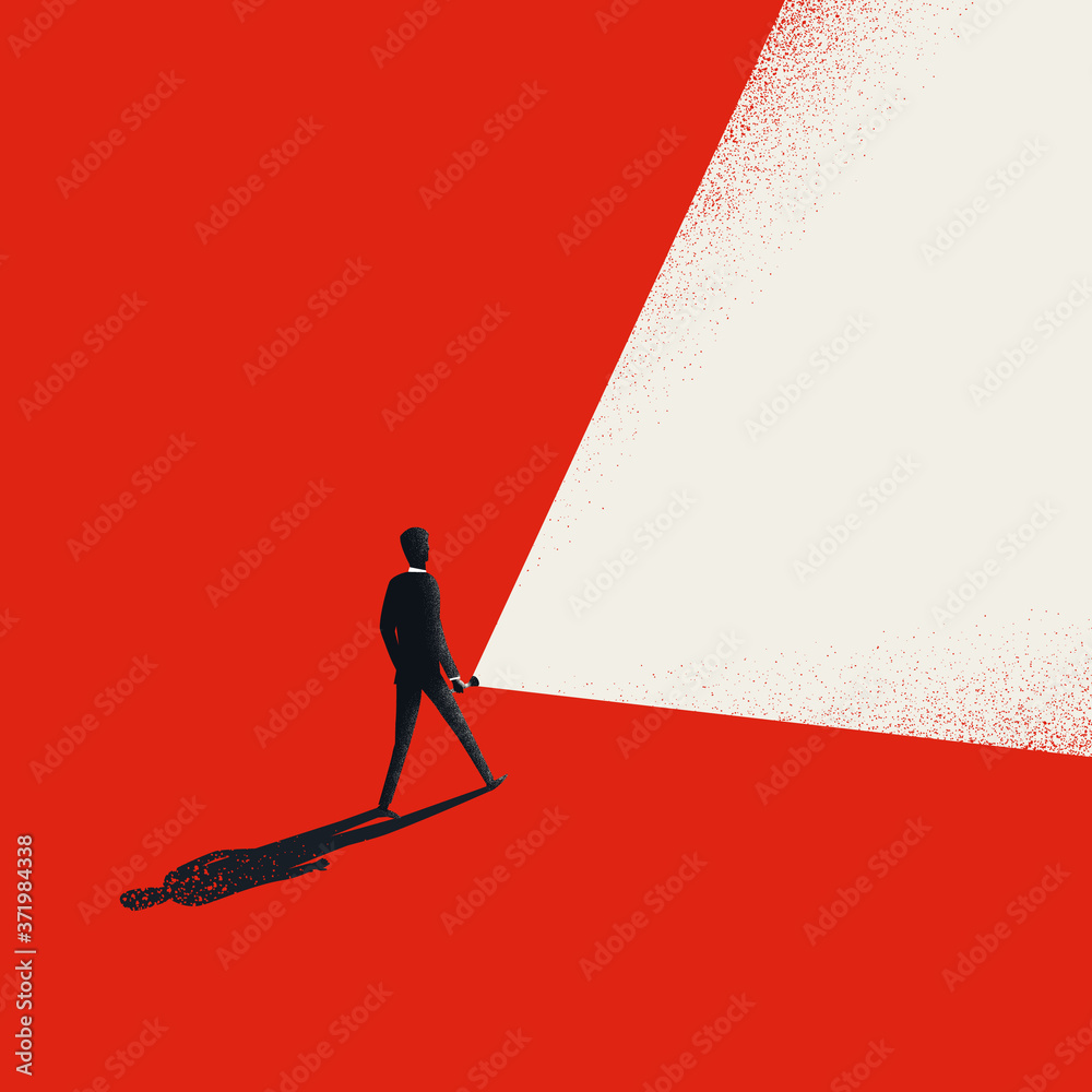Business leader vector concept with businessman holding flashlight and leading way forward. - obrazy, fototapety, plakaty 