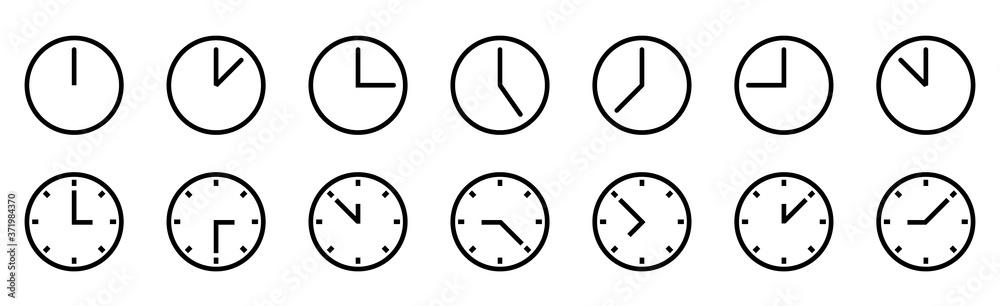 Black vector time and clock icons in line style Black vector time and clock icons in line style