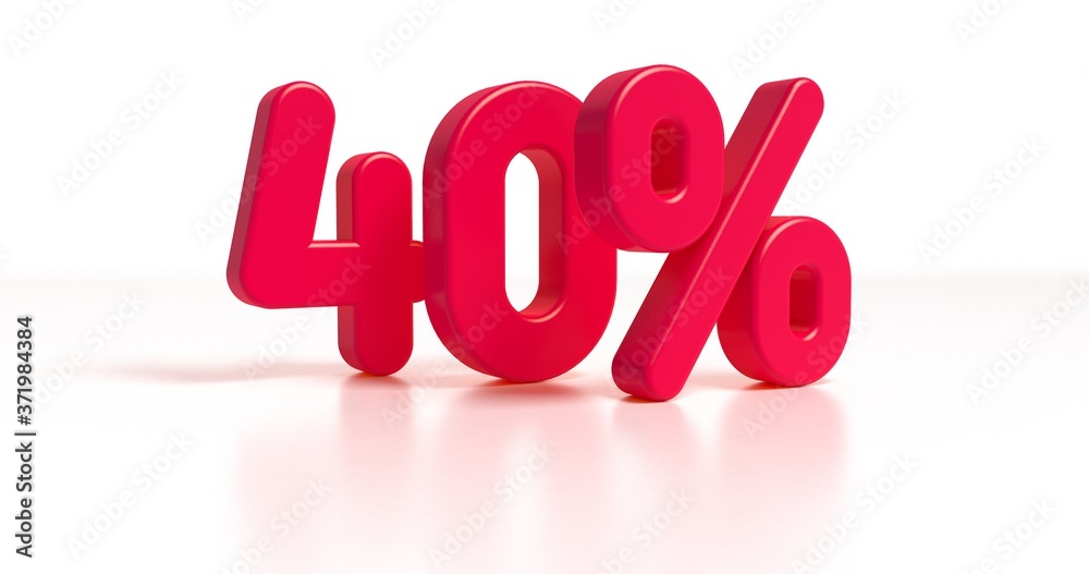3d render, '40%' written by plastic toy font. Sign of sale. Forty percent off. Typography font, phrase isolated on red background. Element for social media, print, sticker. 3d render, '40%' written by plastic toy font. Sign of sale. Forty percent off. Typography font, phrase isolated on red background. Element for social media, print, sticker.