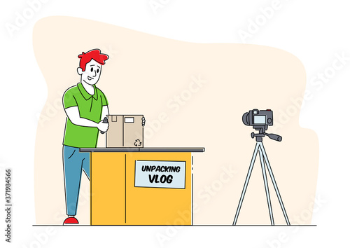 Online Parcel Unpacking Vlog. Influencer Male Character Unboxing Purchase Recording Video for Internet Shopping Blog