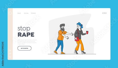 Sexual Harassment, Assault, Exaction Landing Page Template. Woman Walk with Cup of Coffee, Grinning Male Character photo