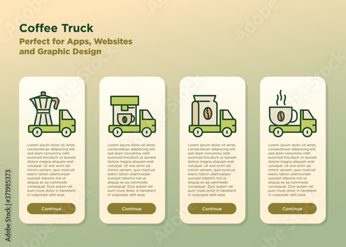 Mobile user interface for street cafe contains coffee truck with thin line icons of coffee machine, coffee maker, bag and beans. Coffee delivery, takeaway. Vector illustration.