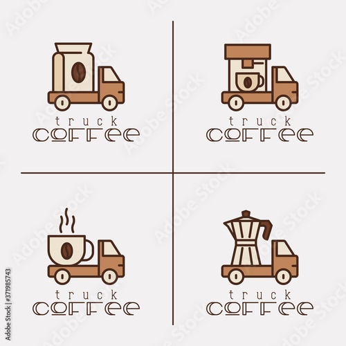 Four logos for street cafe contains coffee truck with thin line icons of coffee machine, coffee maker, bag and beans. Vector illustration.