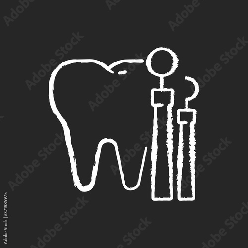 Dentistry chalk white icon on black background. Dental medicine and health. Endodontics and orthodontics. Stomatology. Teeth treatment. Oral medicine. Isolated vector chalkboard illustration