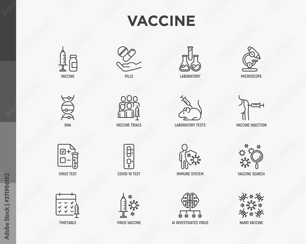 Vaccine thin line icons set: syringe and ampoule, laboratory test, immune system, injection in forearm, covid-19 test, vaccine trials, timetable, ai investigates virus. Vector illustration.
