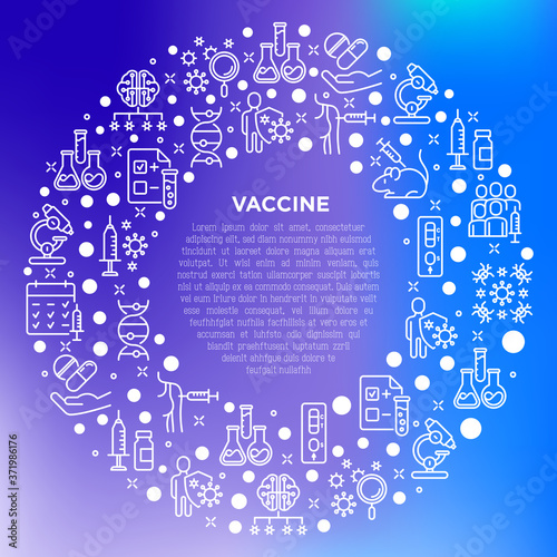 Wallpaper Mural Vaccine concept in circle with thin line icons: syringe and ampoule, laboratory test, immune system, injection in forearm, covid-19 test, vaccine trials, ai investigates virus. Vector illustration. Torontodigital.ca