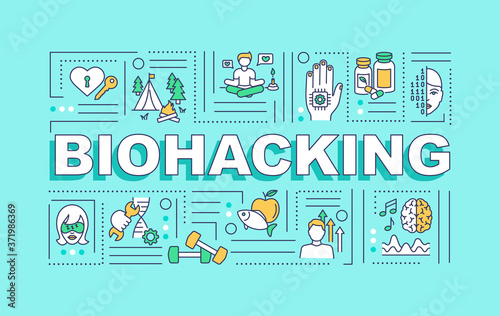 Biohacking word concepts banner. Body and brain wellness improvement. DIY biology infographics with linear icons on blue background. Isolated typography. Vector outline RGB color illustration