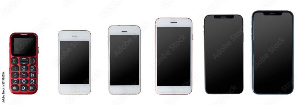 Phone evolution from cellphone to newest generation smartphone. Isolated on white background.