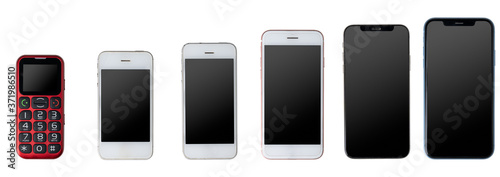 Obraz na płótnie Phone evolution from cellphone to newest generation smartphone. Isolated on white background. w salonie