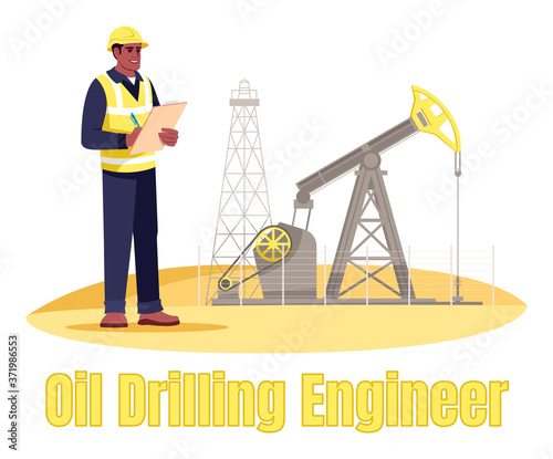 Oil drilling engineer semi flat RGB color vector illustration. Oil rig operator. Petroleum production. Gas industry male worker isolated cartoon character on white background with typography