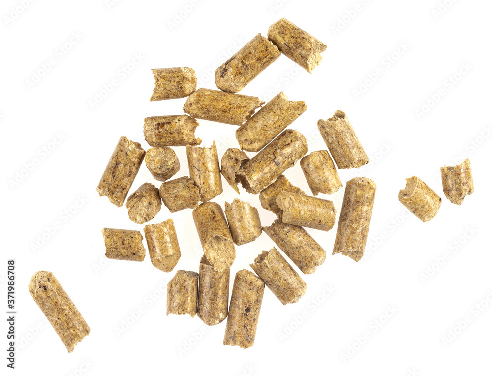 Brown wood pellets isolated white background. natural pile of wood