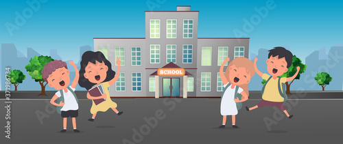 Back to school banner. Children rejoice at the start of the school year. Satisfied schoolchildren. Vector.