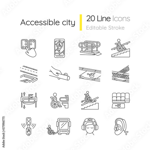 Accessibility facilities linear icons set. Handrails and stair lift. Acoustic traffic lights signals. Customizable thin line contour symbols. Isolated vector outline illustrations. Editable stroke