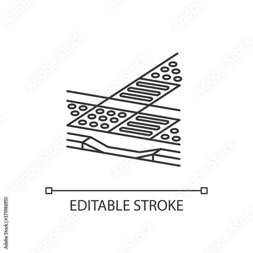 Tactile guidance linear icon. Tenji blocks. Truncated domes. Detectable warning surfaces. Thin line customizable illustration. Contour symbol. Vector isolated outline drawing. Editable stroke