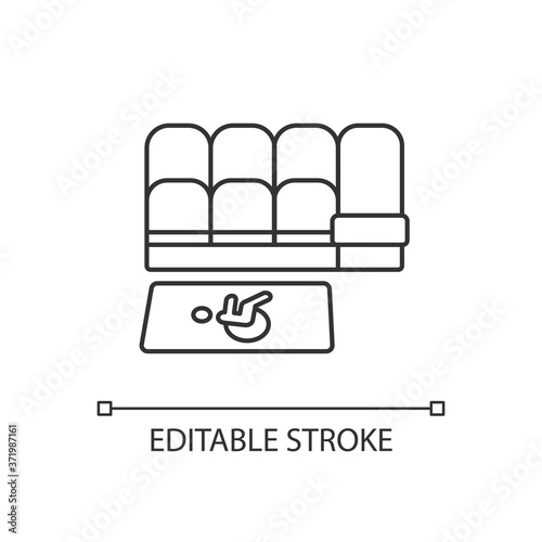 Accessible seating linear icon. Accessible seats for disabled people. Public transport services. Thin line customizable illustration. Contour symbol. Vector isolated outline drawing. Editable stroke