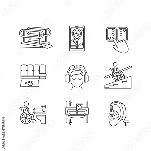 Facilities for people with disabilities linear icons set. Accessible seating. Video description. Braille alphabet. Customizable thin line contour symbols. Isolated vector outline illustrations
