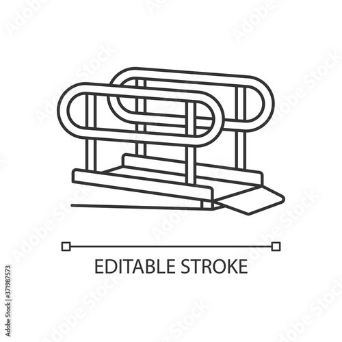 Wheelchair ramp linear icon. Outdoor inclined plane. Wheelchair users accessibility. Thin line customizable illustration. Contour symbol. Vector isolated outline drawing. Editable stroke