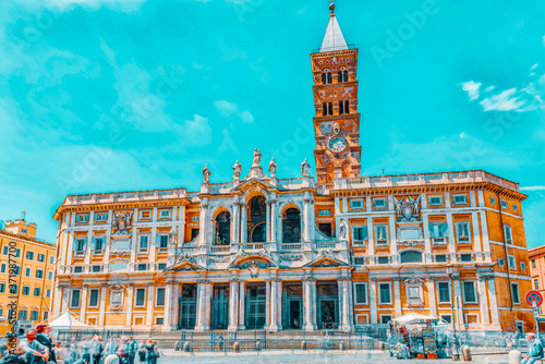 ROME, ITALY - MAY 08, 2017 : Square of Santa Maria Maggiore  (Piazza di Santa Maria Maggiore)and Santa Maria Maggiore church, with people and tourist's. photo