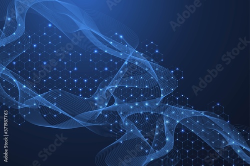 Molecular structure background. Science template wallpaper or banner with a DNA molecules. Asbtract molecule background with hexagons, wave flow. Vector illustration.