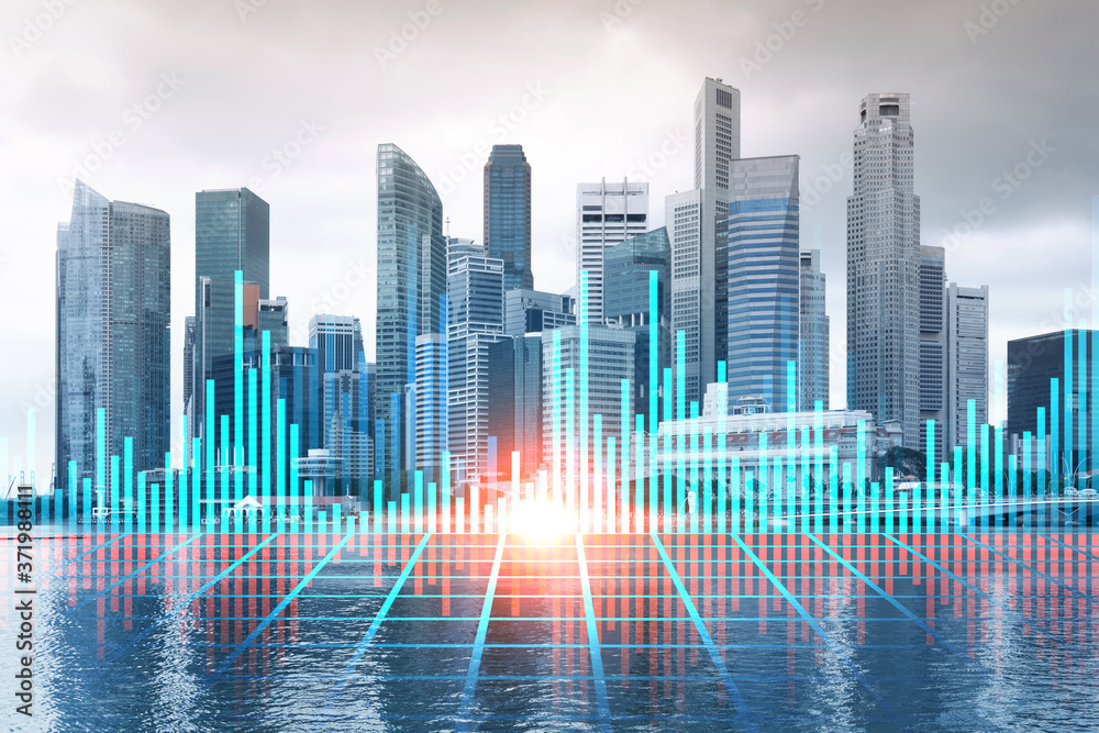 Forex and stock market chart hologram over panorama city view of Singapore, the financial center in Asia. The concept of international trading. Double exposure. Forex and stock market chart hologram over panorama city view of Singapore, the financial center in Asia. The concept of international trading. Double exposure.