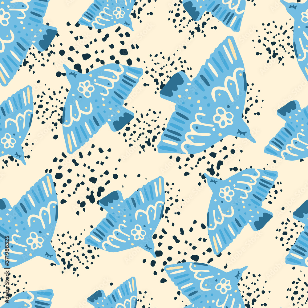 Random seamless bright pattern with bird silhouettes. Blue birds on light background with splashes. Nature backdrop. Random seamless bright pattern with bird silhouettes. Blue birds on light background with splashes. Nature backdrop.