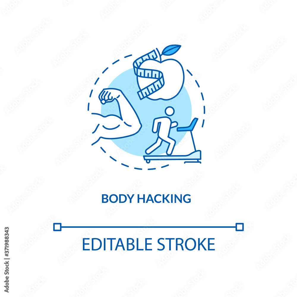 Body hacking concept icon. Healthy lifestyle, biohacking idea thin line illustration. Active physical training and diet, fitness exercise. Vector isolated outline RGB color drawing. Editable stroke Body hacking concept icon. Healthy lifestyle, biohacking idea thin line illustration. Active physical training and diet, fitness exercise. Vector isolated outline RGB color drawing. Editable stroke