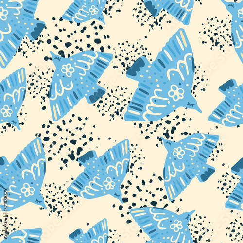 Random seamless bright pattern with bird silhouettes. Blue birds on light background with splashes. Nature backdrop.