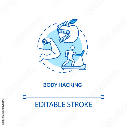 Body hacking concept icon. Healthy lifestyle, biohacking idea thin line illustration. Active physical training and diet, fitness exercise. Vector isolated outline RGB color drawing. Editable stroke