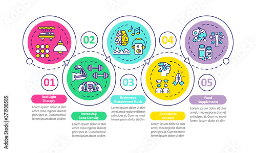 Biohacking tips vector infographic template. Health advancement presentation design elements. Data visualization with five steps. Process timeline chart. Workflow layout with linear icons