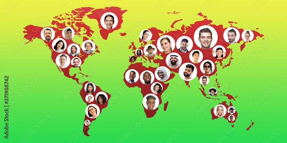 World global cartography - Earth international concept, connecting people all around the world. Avatars, portraits of different people. Diversion, inclusion. Nationalities, social media, unity and