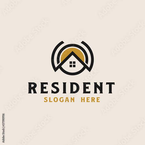 Roof house with circle icon real estate logo template. Vector illustration