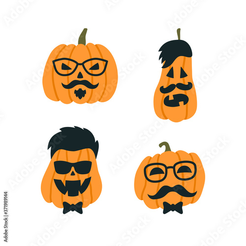 Halloween Pumpkins in the image of a hipster with glasses and mustache. Vector illustration on white background