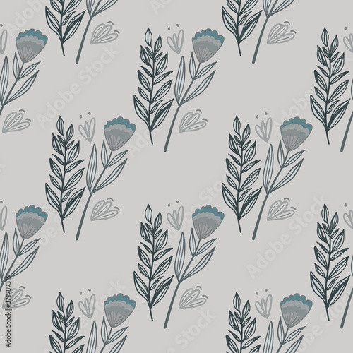 Simple floral seamless pattern with forest branch and flowers bouquet. Pale blue contoured botanic outline ornament.