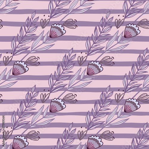 Purple outline forest bouquet seamless styized pattern. Leaf branches and flowers on stripped pastel lilac background. photo