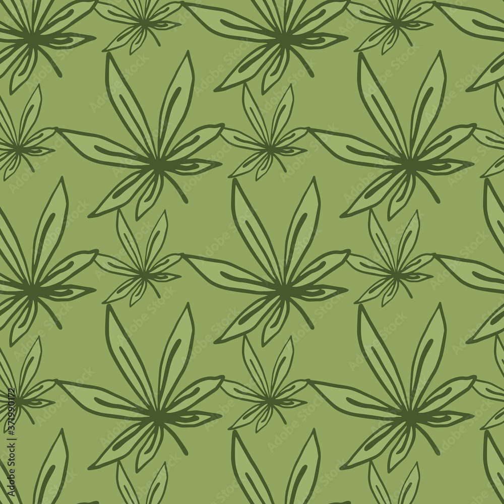 Floral seamless doodle pattern with hand drawn sheet leafs. Marijuana contoured elements and background in green colors.