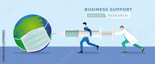 Business support medical vaccine research concept. Businessman helping the doctor inject vaccine to the world wear a mask with sick by the big syringe. Try to loading vaccine for immunity.