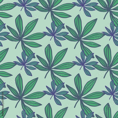 Geometric marijuana doodle seamless pattern. Hand drawn drug ornament and background in green and blue tones. © smth.design