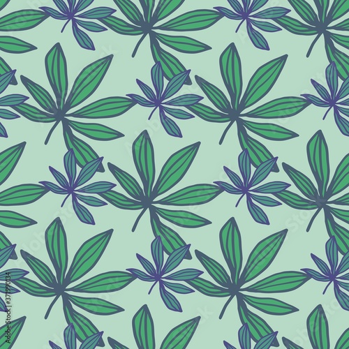 Geometric marijuana doodle seamless pattern. Hand drawn drug ornament and background in green and blue tones.