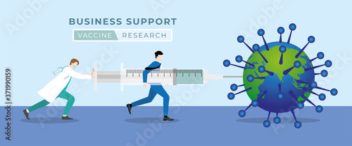 Vaccine research. Business support medical concept. Businessman helping the doctor inject vaccine to the world that infect virus by the big syringe. Try to loading vaccine for immunity.