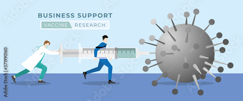 Vaccine research. Business support medical concept. Businessman helping the doctor inject vaccine to the COVID-19 coronavirus by the big syringe. Try to loading vaccine for prevention and immunity.