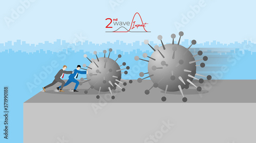 Business support and backup concept Economic impact from pandemic. Businessmen fight and resist together against crisis by push it before fall off the cliff edge while the second wave coming.