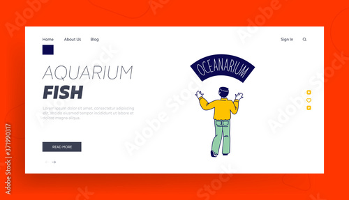 Weekend Leisure, Tourist on Excursion Landing Page Template. Male Character Stand at Oceanarium Entrance Visit Aquarium