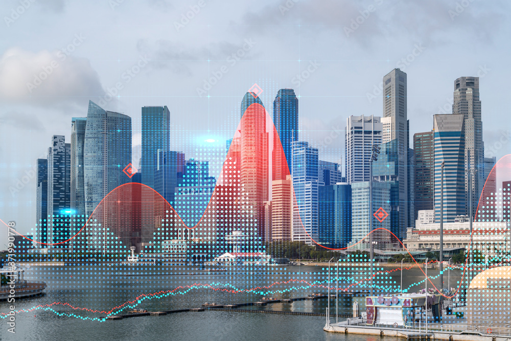 Obraz premium Hologram wykresu Forex i giełdy nad panoramicznym widokiem na Singapur, centrum finansowe w Azji. Pojęcie handlu międzynarodowego. Podwójna ekspozycja.