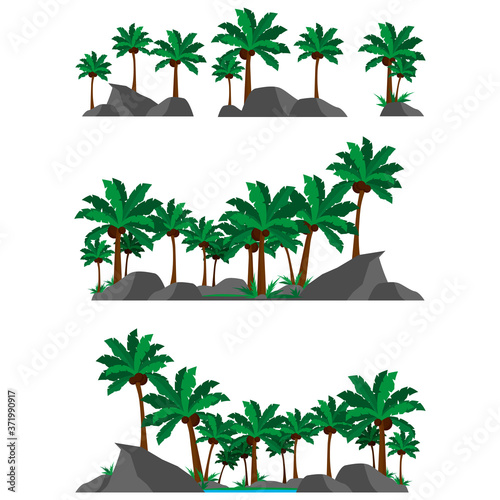 Palm trees and green shrubs and grass and tropical stones. Tropics constructor. Jungle set. Jungs with wild palms and huge stones. Vector illustration.