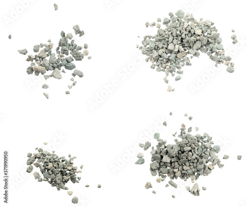 Gray small rocks ground texture isolated white background. black small road stone. gravel pebbles stone seamless texture. dark background of crushed granite gravel, close up. clumping clay