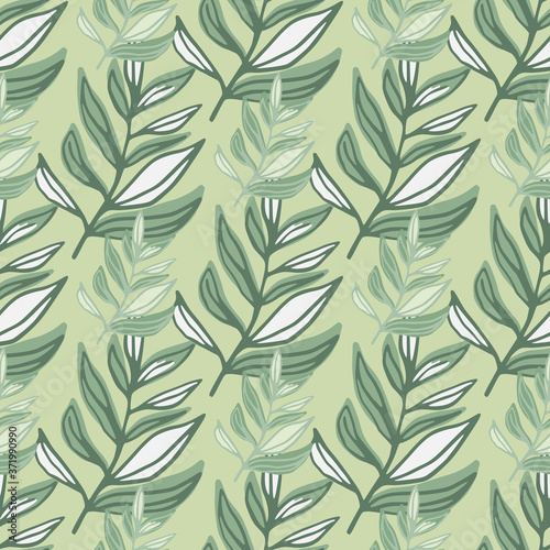 Hand drawn seamless pattern with abstract contoured foliage. Artwork in green pastel tones.