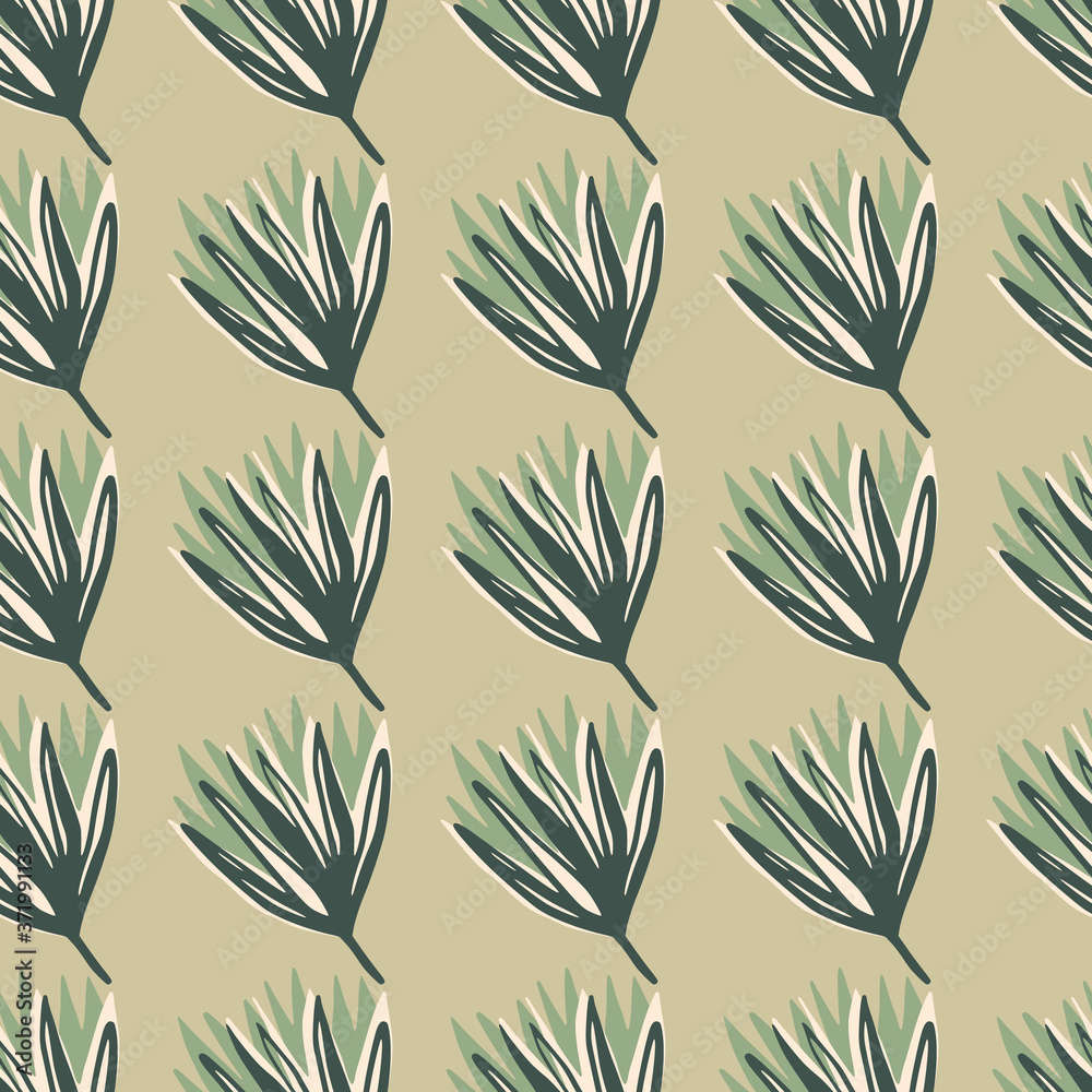 Simple minimalistic seamless floral pattern with bud tulip. Beige background with green and blue botanic ornament.