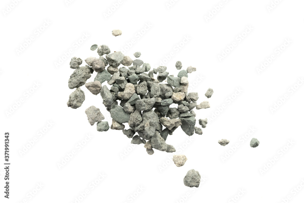 Gray small rocks ground texture isolated white background. black small road  stone. gravel pebbles stone seamless texture. dark background of crushed  granite gravel, close up. clumping clay Stock Photo