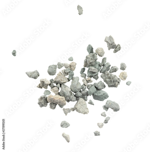 Gray small rocks ground texture isolated white background. black small road stone. gravel pebbles stone seamless texture. dark background of crushed granite gravel, close up. clumping clay