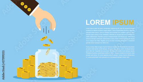 Vector illustration, Businessman hand putting coin in jar with coins stack growth financial, save money and investment concept